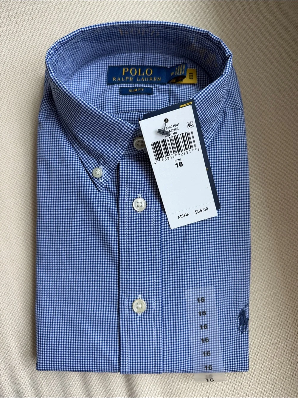 Ralph Lauren Polo Boys' Blue Gingham Slim Fit Dress Shirt - size 16- NWT